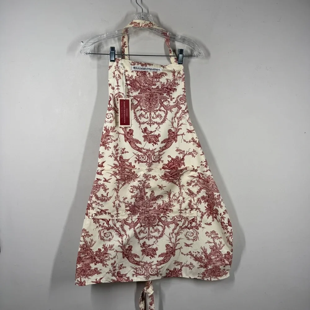 Williams Sonoma Foret Enchantee Toile Apron Red Cream Cotton Twill USA Made NWT
